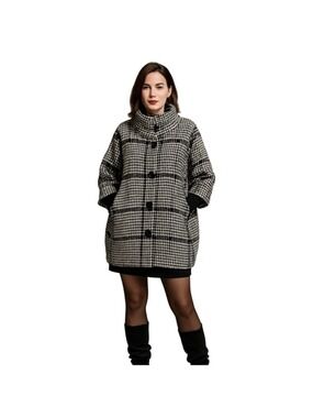 Wool Blend Houndstooth Plaid Coat Black White Oversized Cocoon Style M/L